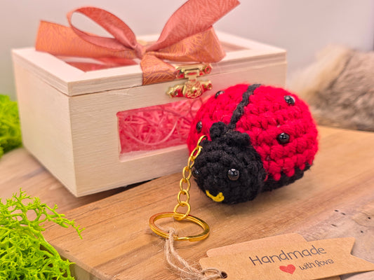 Handgemaakte gehaakte lieveheersbeestje sleutelhanger – amigurumi, in houten geschenkdoos