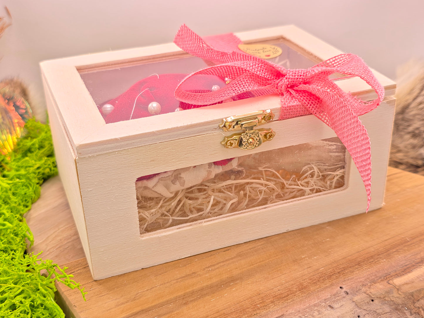 Handgemaakte vliegenzwam hanger – decoratieve paddenstoel, verpakt in houten geschenkdoos