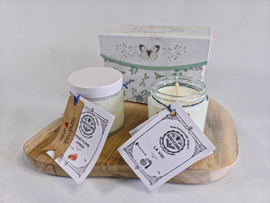 Geurkaarsenset Honeycomb “Amber & La Vie!” – handgemaakt van sojawas (2 × 90 g) | Giftset