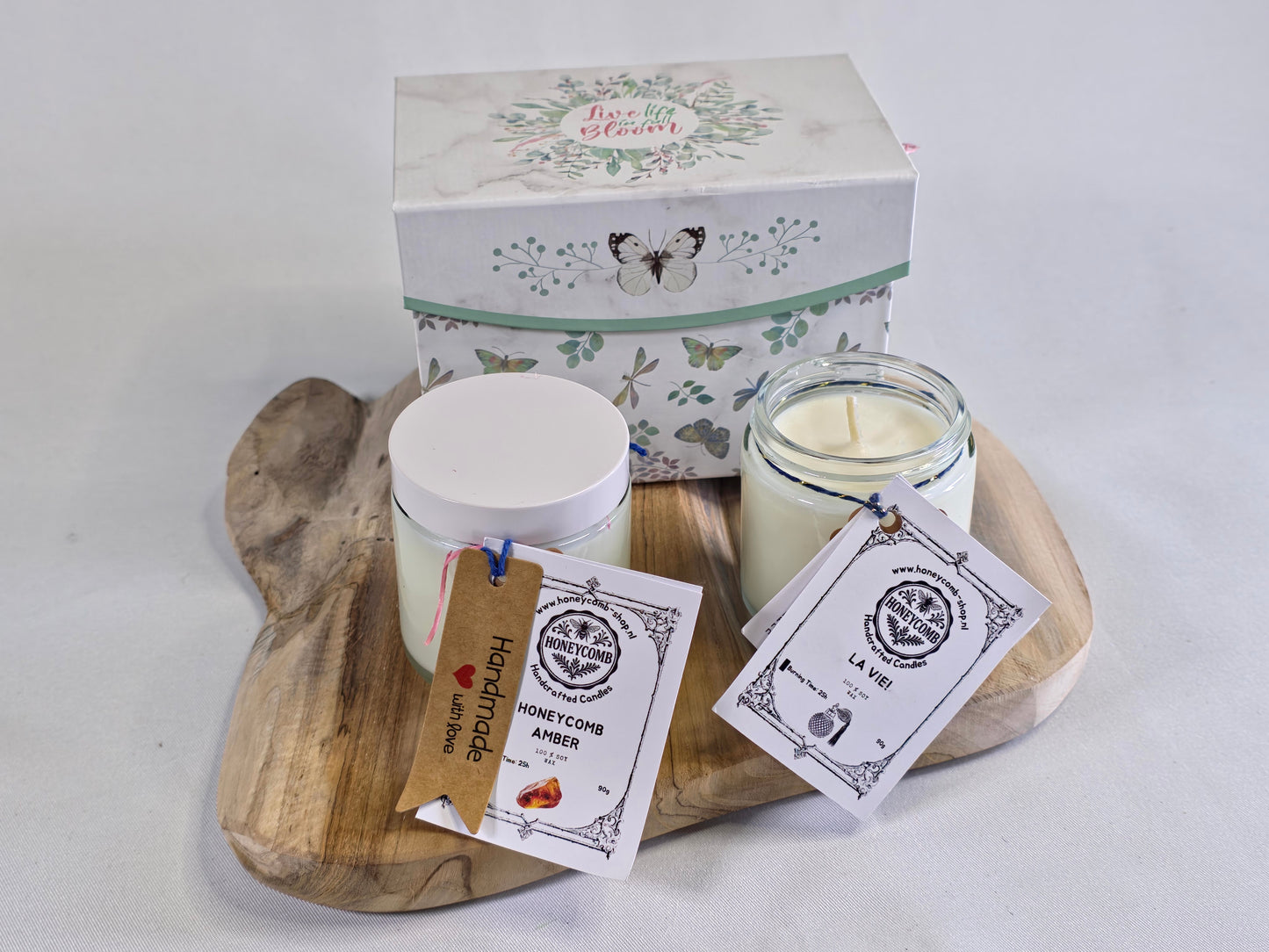 Geurkaarsenset Honeycomb “Amber & La Vie!” – handgemaakt van sojawas (2 × 90 g) | Giftset